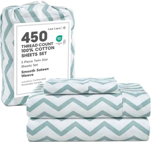 LANE LINEN Twin Cotton Sheets – 450 Thread Count Cooling & Soft Sateen Weave, 15” Deep Pocket Fully Elasticized Fitted Sheet, Luxury Hotel Sheets & Pillowcase Set, Chevron