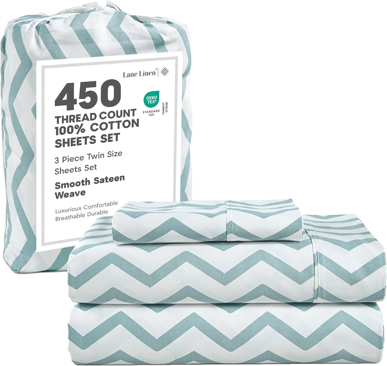 LANE LINEN Twin Cotton Sheets – 450 Thread Count Cooling & Soft Sateen Weave, 15” Deep Pocket Fully Elasticized Fitted Sheet, Luxury Hotel Sheets & Pillowcase Set, Chevron