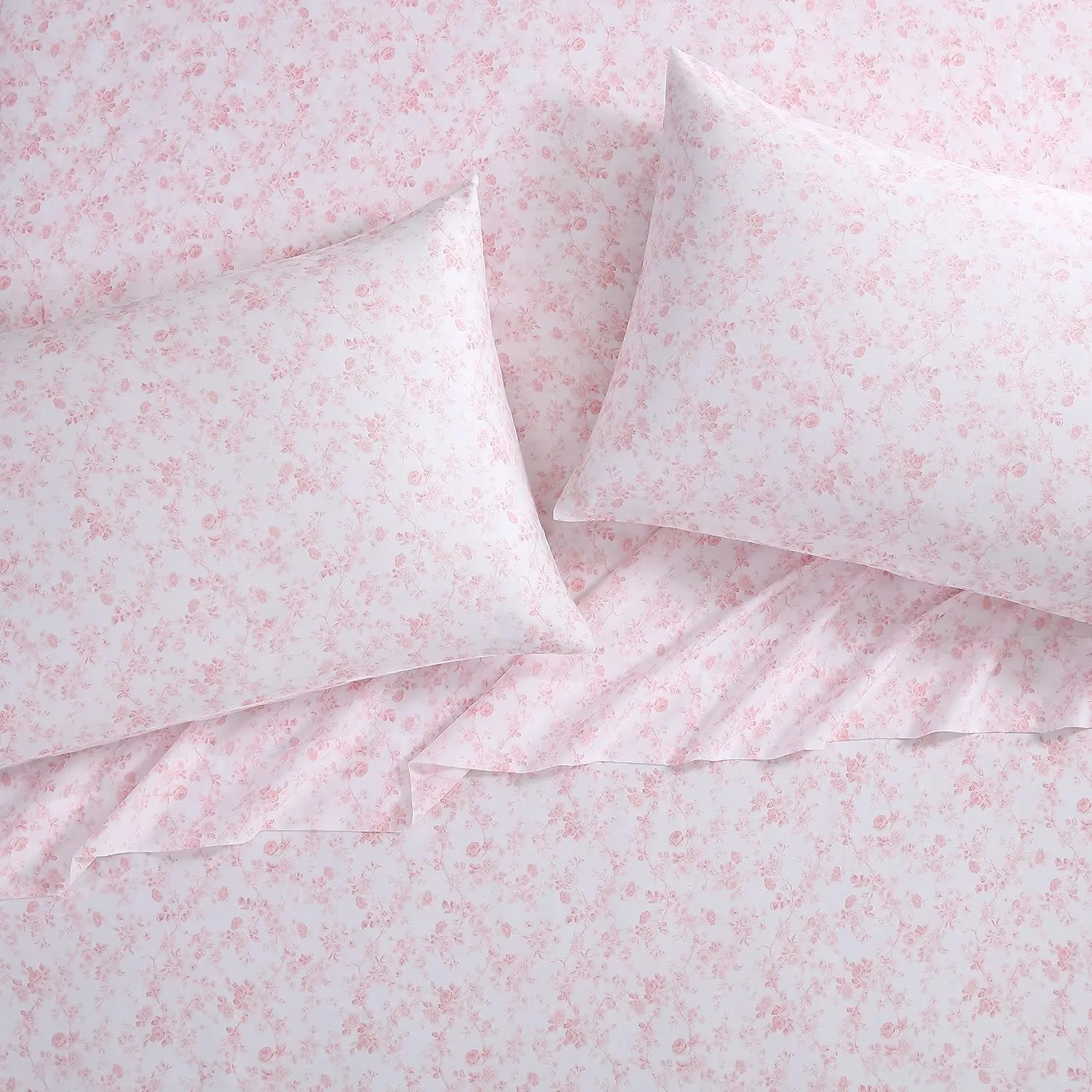 Laura Ashley Home King Sheet Set, Soft Sateen Cotton Bedding Set - Sleek, Smooth, & Breathable, Bella Pink