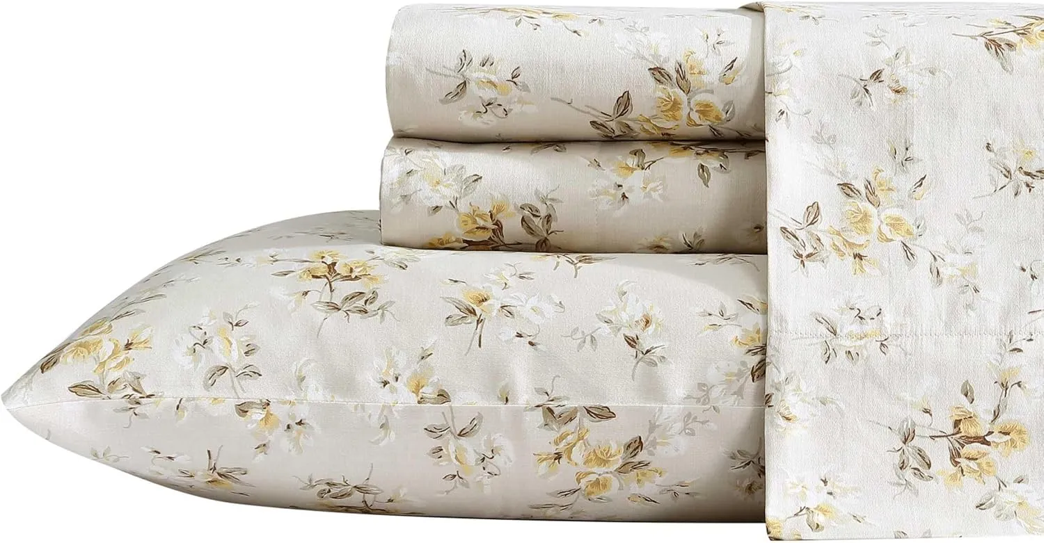 Laura Ashley - Queen Sheets, Soft Sateen Cotton Bedding Set, Sleek, Smooth, & Breathable Home Decor (Little Darlings Beige, Queen)