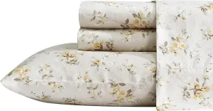Laura Ashley - Queen Sheets, Soft Sateen Cotton Bedding Set, Sleek, Smooth, & Breathable Home Decor (Little Darlings Beige, Queen)