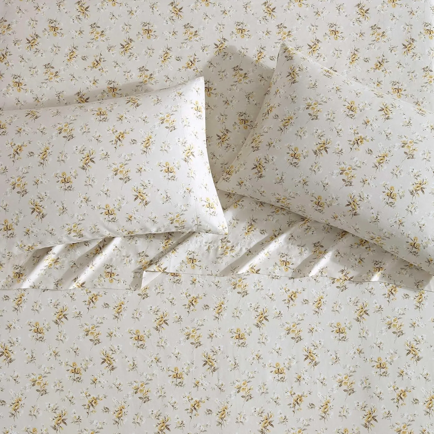 Laura Ashley - Queen Sheets, Soft Sateen Cotton Bedding Set, Sleek, Smooth, & Breathable Home Decor (Little Darlings Beige, Queen)
