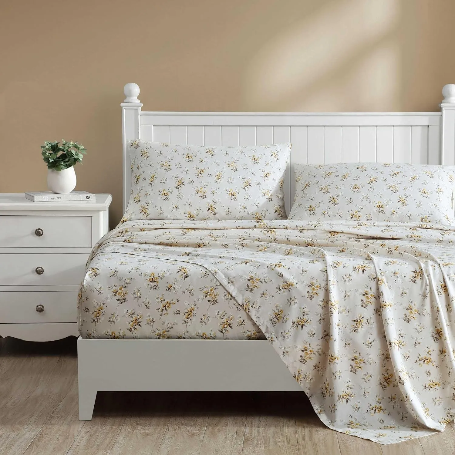 Laura Ashley - Queen Sheets, Soft Sateen Cotton Bedding Set, Sleek, Smooth, & Breathable Home Decor (Little Darlings Beige, Queen)