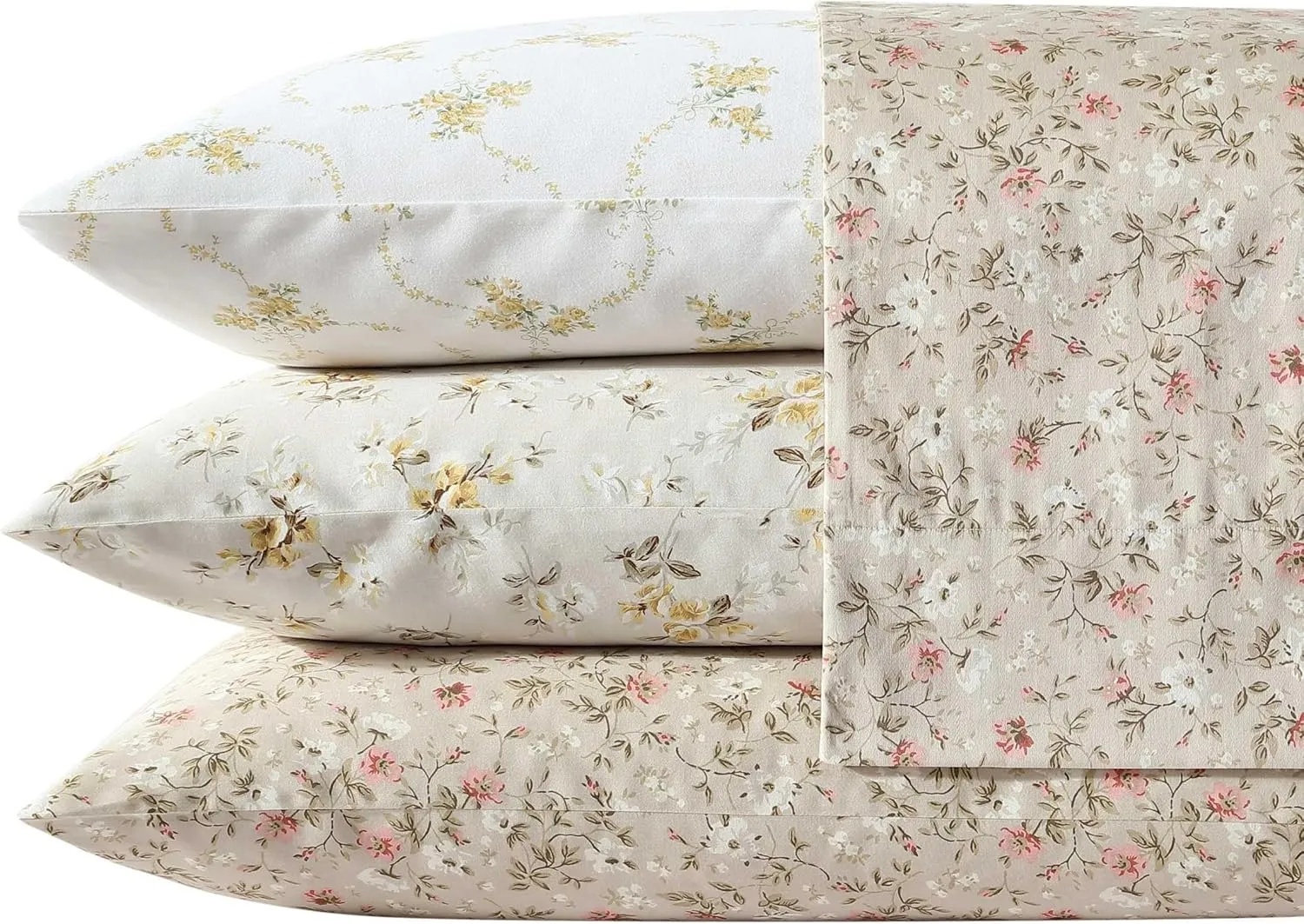 Laura Ashley - Queen Sheets, Soft Sateen Cotton Bedding Set, Sleek, Smooth, & Breathable Home Decor (Little Darlings Beige, Queen)