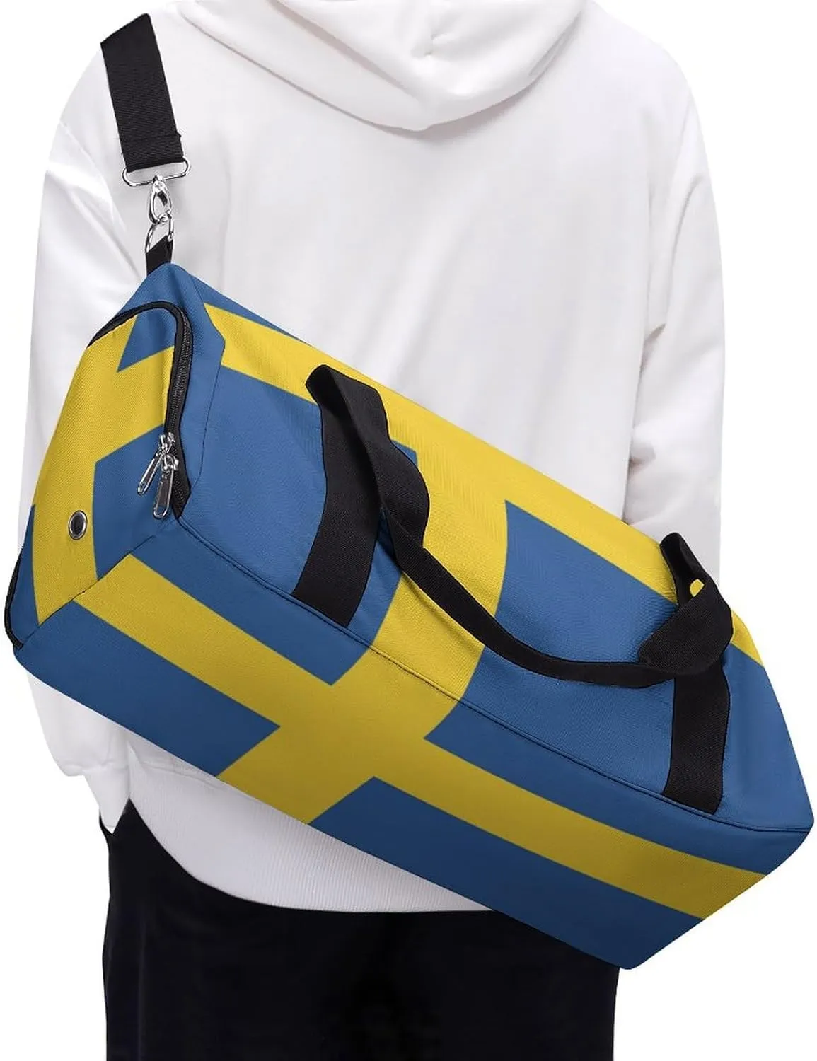 Lightweight Swedish Flag Sports Duffel Bag for Men Women Shoe Compartment