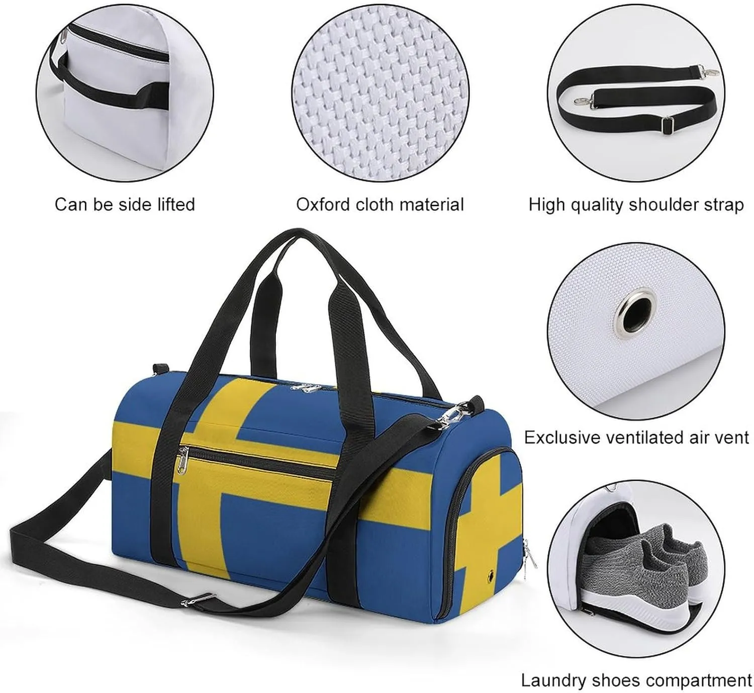 Lightweight Swedish Flag Sports Duffel Bag for Men Women Shoe Compartment