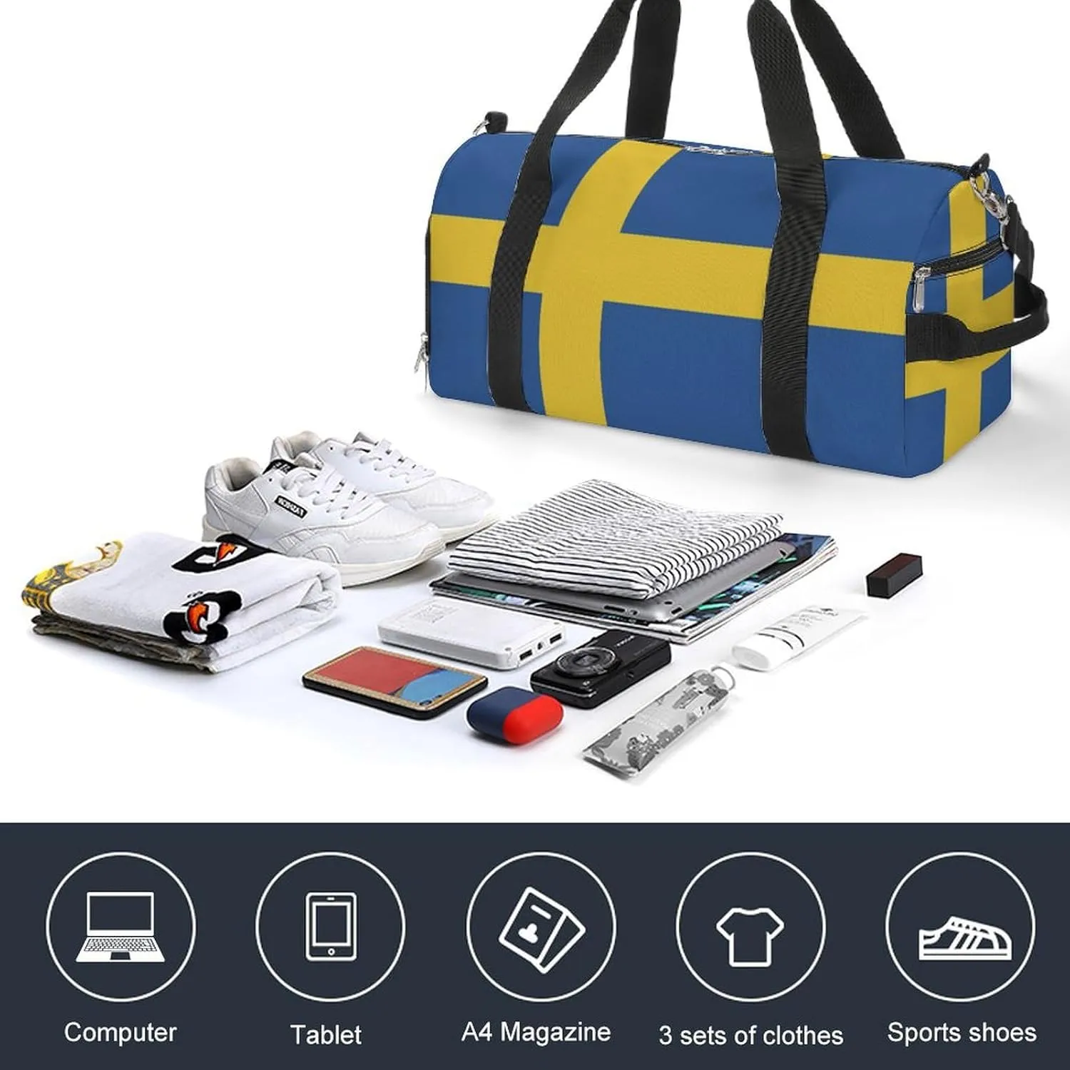 Lightweight Swedish Flag Sports Duffel Bag for Men Women Shoe Compartment