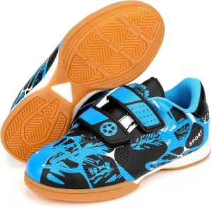 Linkidea Kids Laceless Indoor Soccer Shoe, Rubber Outsole Anti-Slip Sneaker, Futsal Training Cleats for Boys and Girls (Blue)