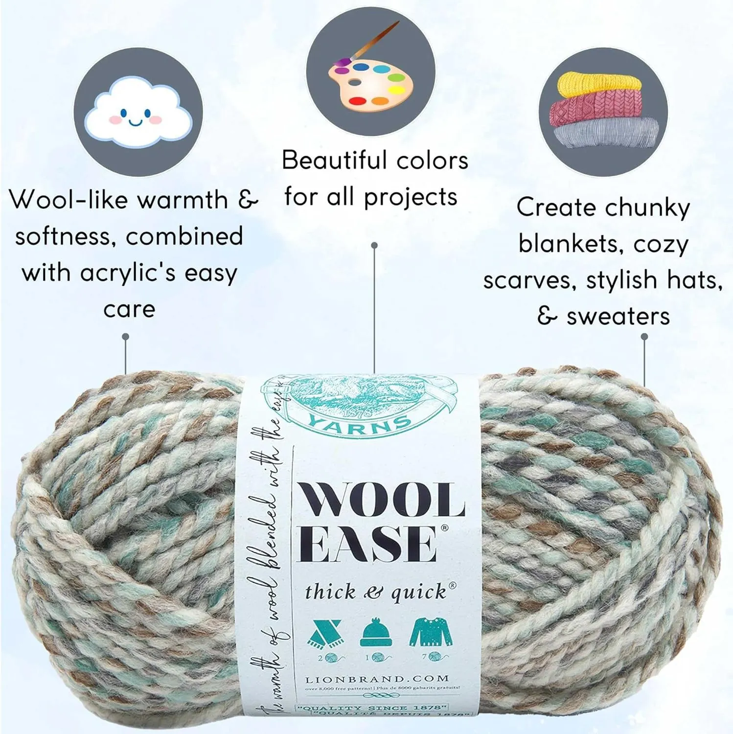 Lion Brand Wool Ease Thick & Quick Seaglass 640-542 (3-Skeins - Same Dye Lot) #6 S Bulky Acrylic-Wool Yarn for Crocheting and Knitting with Project Bag