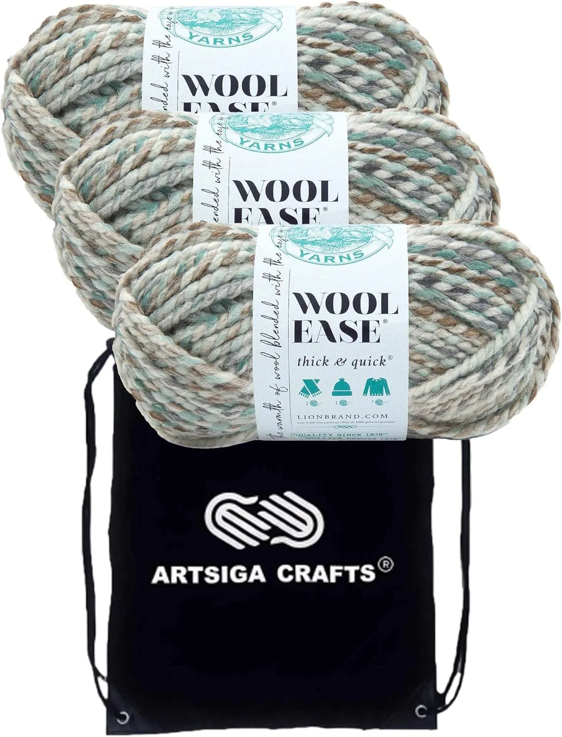 Lion Brand Wool Ease Thick & Quick Seaglass 640-542 (3-Skeins - Same Dye Lot) #6 S Bulky Acrylic-Wool Yarn for Crocheting and Knitting with Project Bag