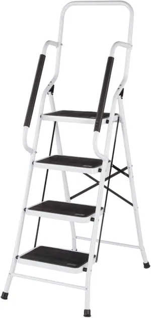 LivingSURE Folding 4-Step Safety Ladder - Heavy Duty Steel, Anti-Slip Treads, Padded Handrails - Space Saving Design - Perfect for Home, Kitchen, Office - 32 x 21 x 66 inches