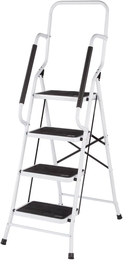 LivingSURE Folding 4-Step Safety Ladder - Heavy Duty Steel, Anti-Slip Treads, Padded Handrails - Space Saving Design - Perfect for Home, Kitchen, Office - 32 x 21 x 66 inches