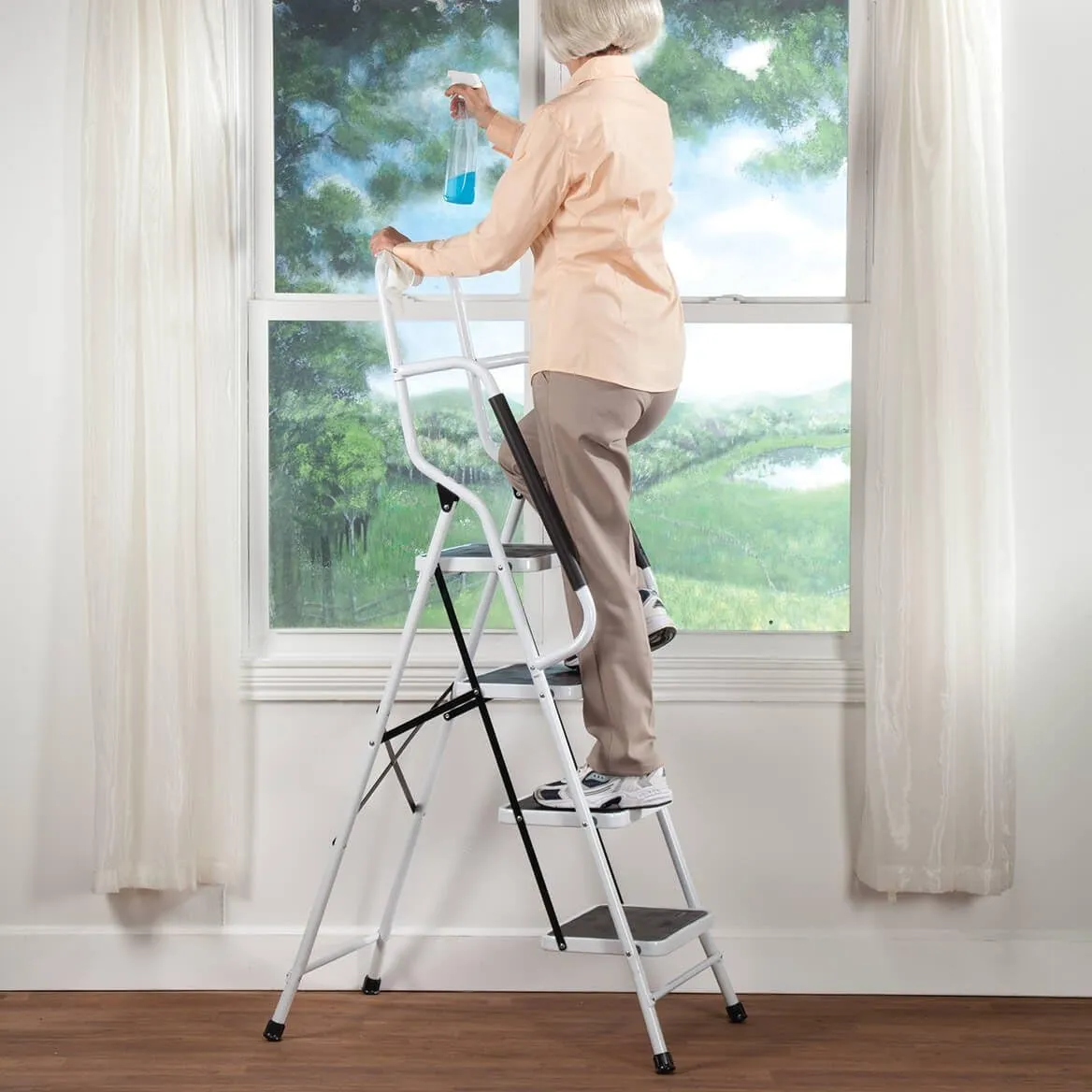LivingSURE Folding 4-Step Safety Ladder - Heavy Duty Steel, Anti-Slip Treads, Padded Handrails - Space Saving Design - Perfect for Home, Kitchen, Office - 32 x 21 x 66 inches