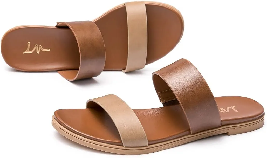 LM Women's Slide Sandals Two Band Slip On Flat Sandals Casual Summer Sandals