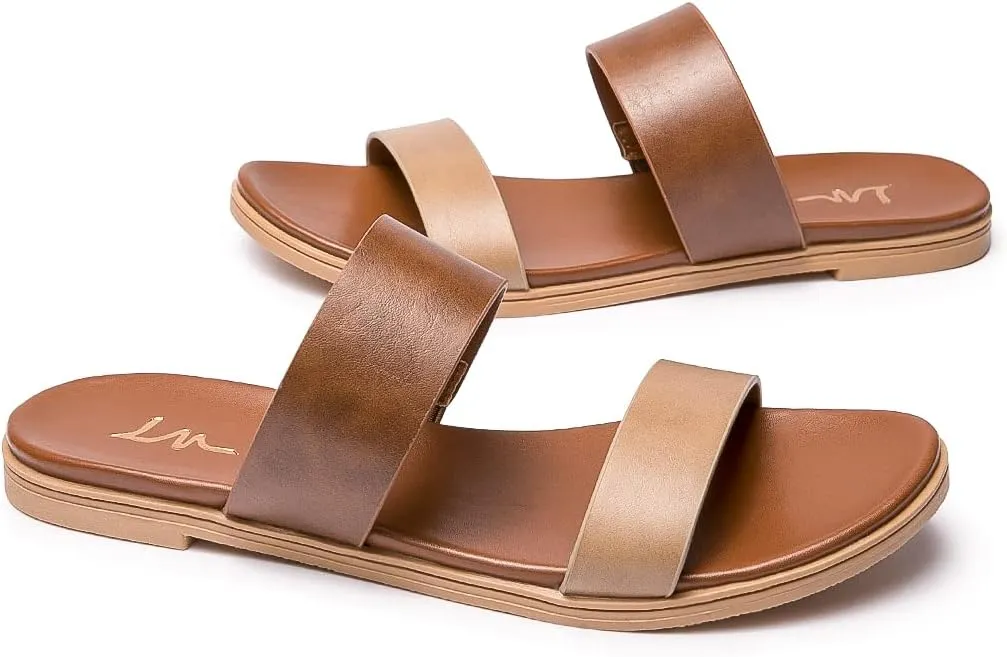 LM Women's Slide Sandals Two Band Slip On Flat Sandals Casual Summer Sandals