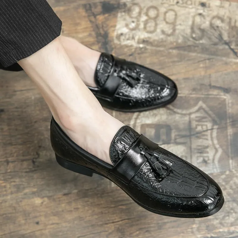 Loafers for Men Burnished Toe Crocodile Print with Tassel Vegan Leather Lightweight Anti-Slip Flat Heel Walking Slip-ons