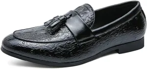 Loafers for Men Burnished Toe Crocodile Print with Tassel Vegan Leather Lightweight Anti-Slip Flat Heel Walking Slip-ons