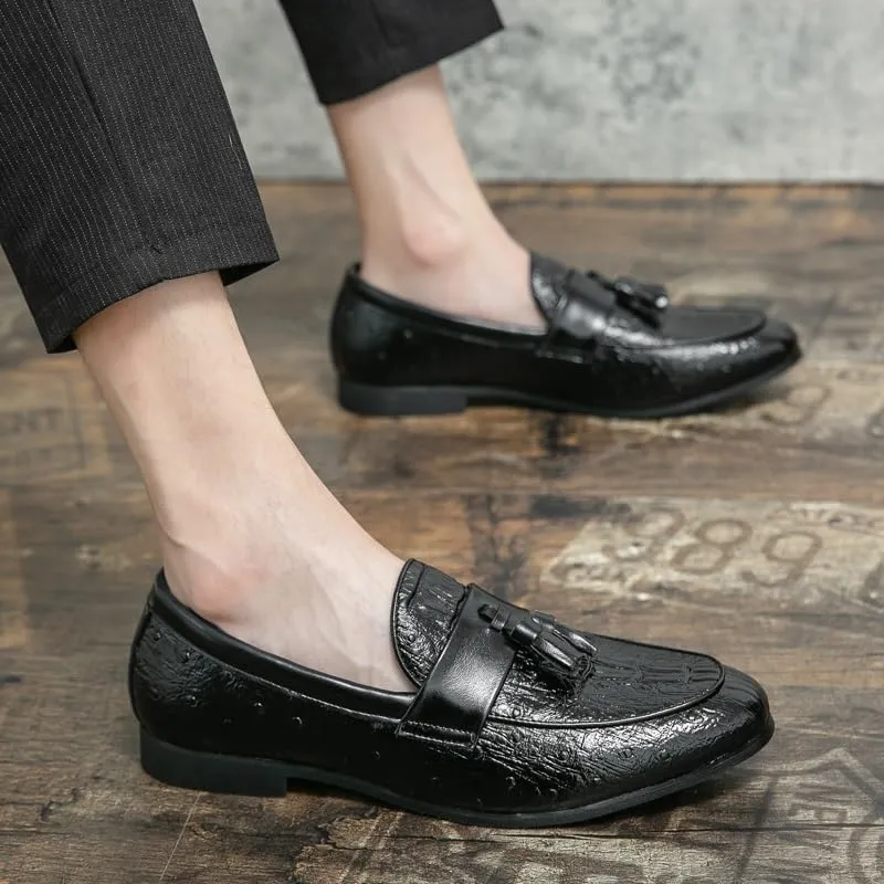 Loafers for Men Burnished Toe Crocodile Print with Tassel Vegan Leather Lightweight Anti-Slip Flat Heel Walking Slip-ons