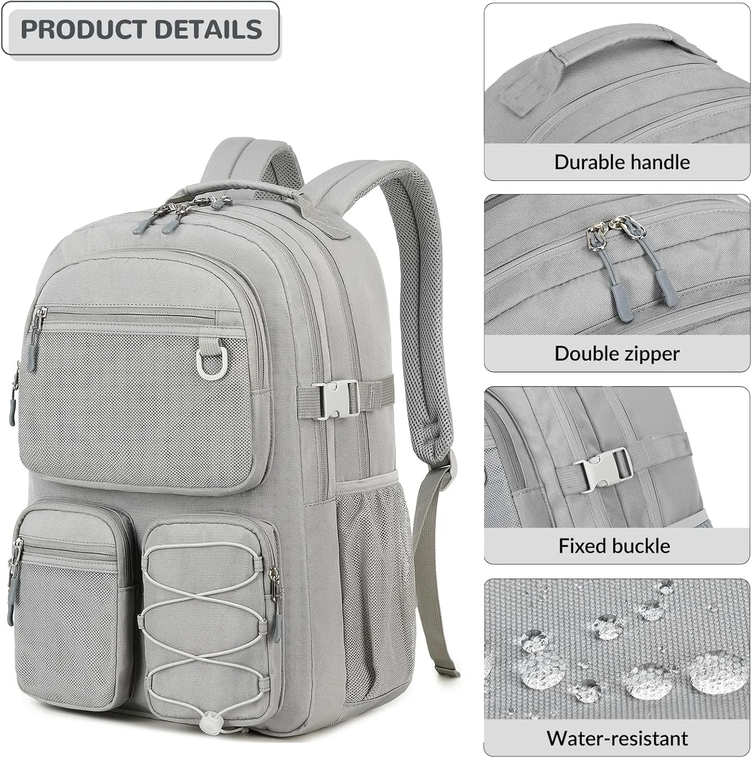 Lohol Water Resistant Daypack with Mulitiple Pockets for School Travel Outdoor College, 15.6 inch Laptop Backpack for Men and Women (Grey)