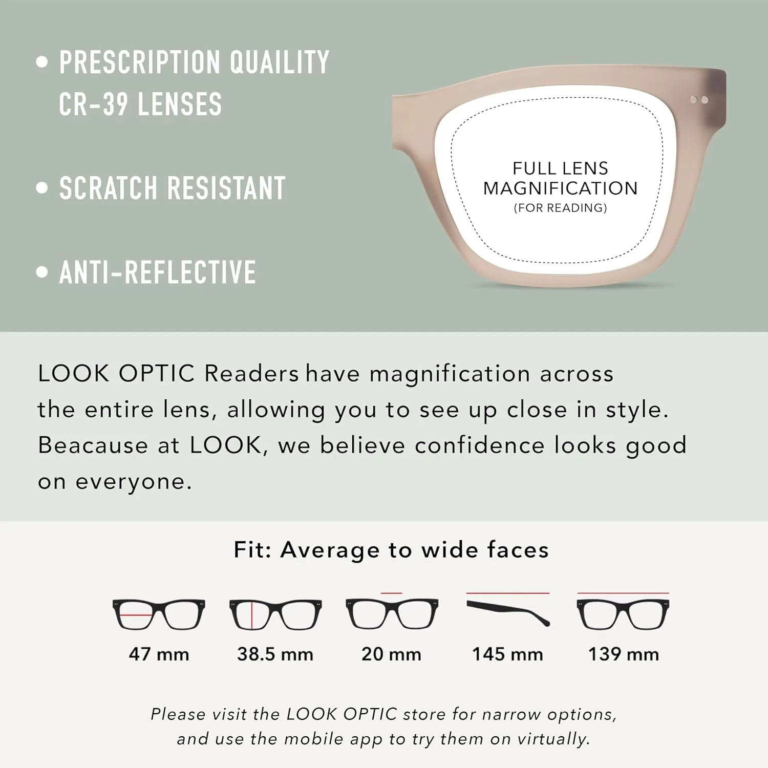 LOOK OPTIC Cosmo Reader-Lightweight Full Magnification Reading Glasses with Scratch-Resistant Anti-Reflective Lenses