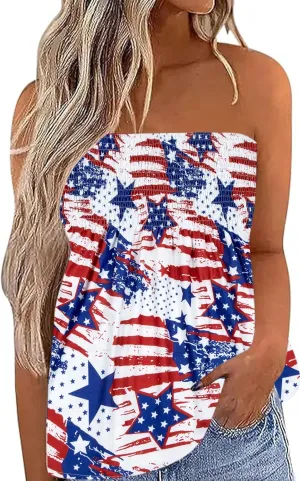 LOTUCY American Flag Strapless Bandeau Tank Women 4th of July Sleeveless Ruffled Tube Patriotic Strapless Smocked Tube Tops