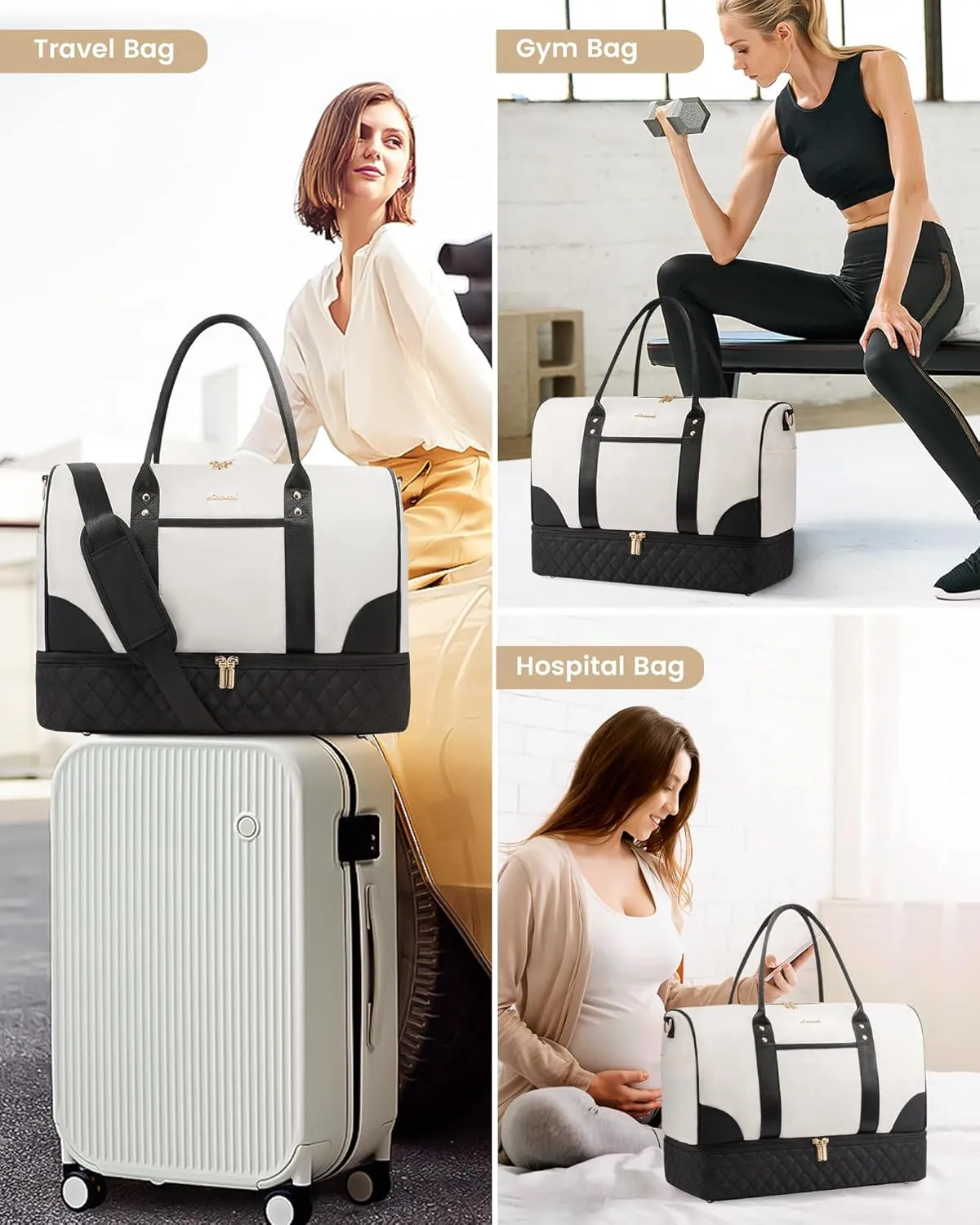 LOVEVOOK Travel Bag,Weekender Bag for Women Travel Duffle Bag with Shoe Compartment,Carry on Overnight Bag with Wet Pocket,Gym Yoga Duffel Bag,Hospital Bags for Labor and Delivery,3 Pcs Set