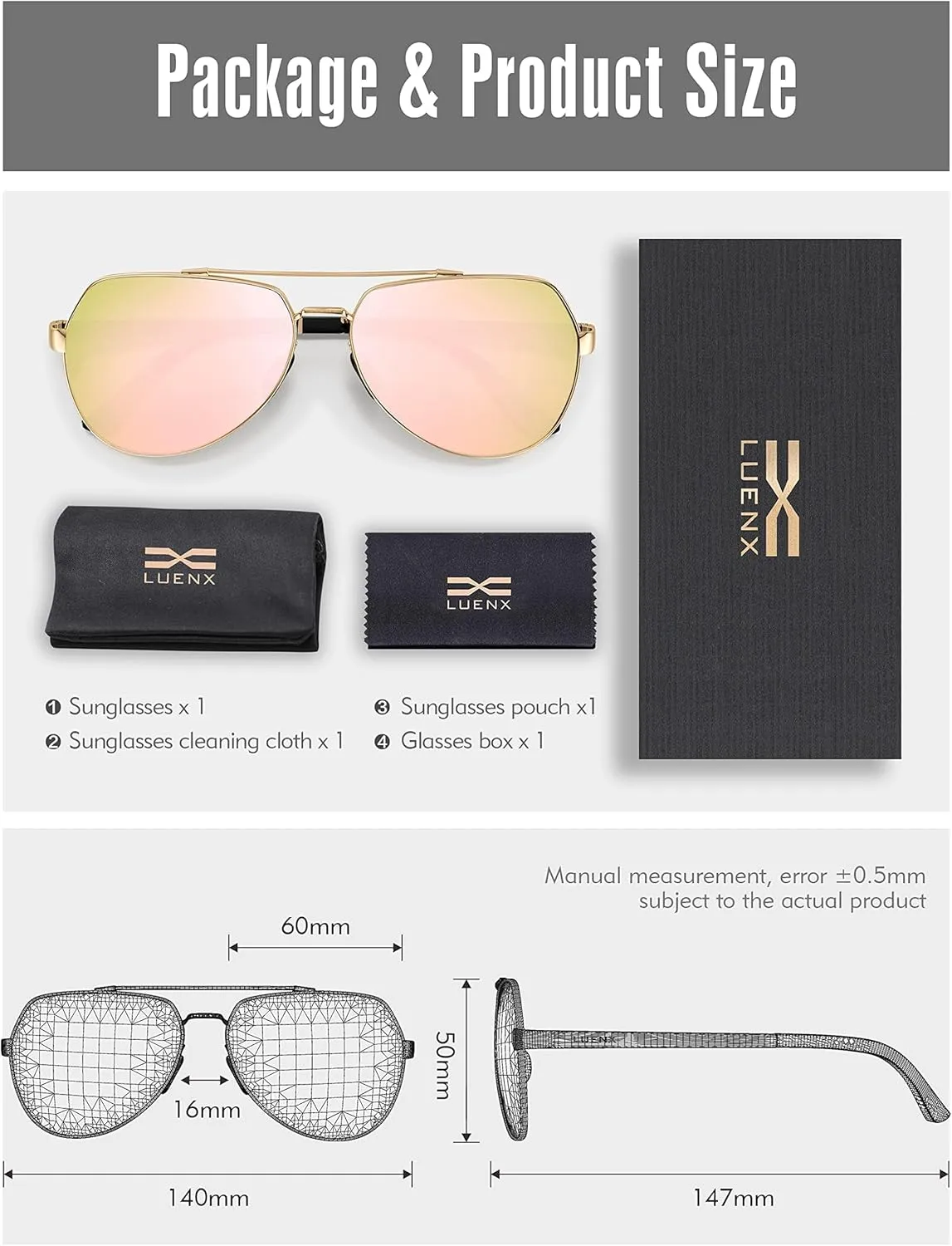 LUENX Aviator Sunglasses for Men Women Polarized New Shades Large Metal Frame - UV 400 Protection