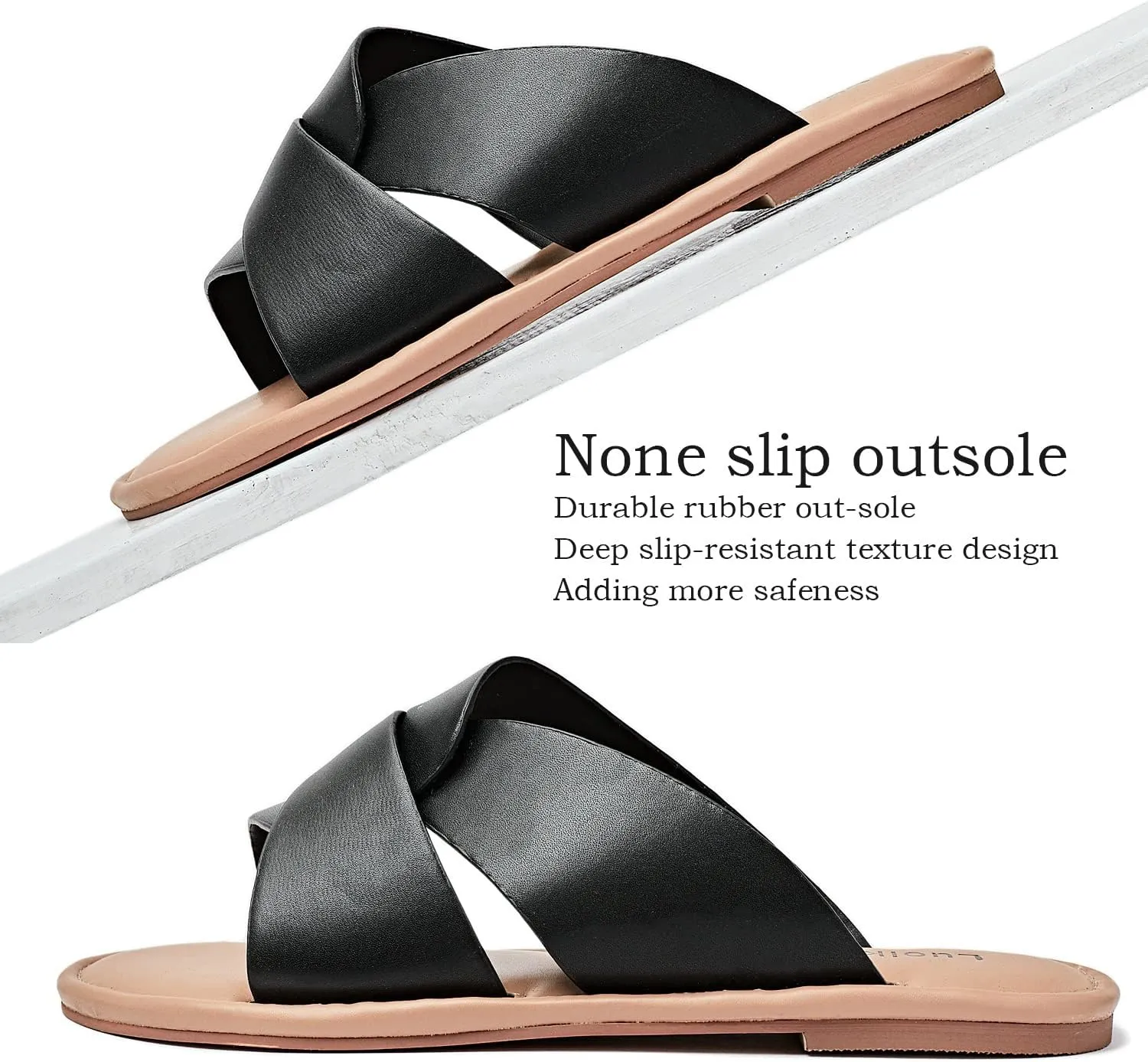 Luoika Women's Wide Width Flat Slides Sandals, Strapy Slide Sandal Slip on Dressy Summer Shoes for Women.