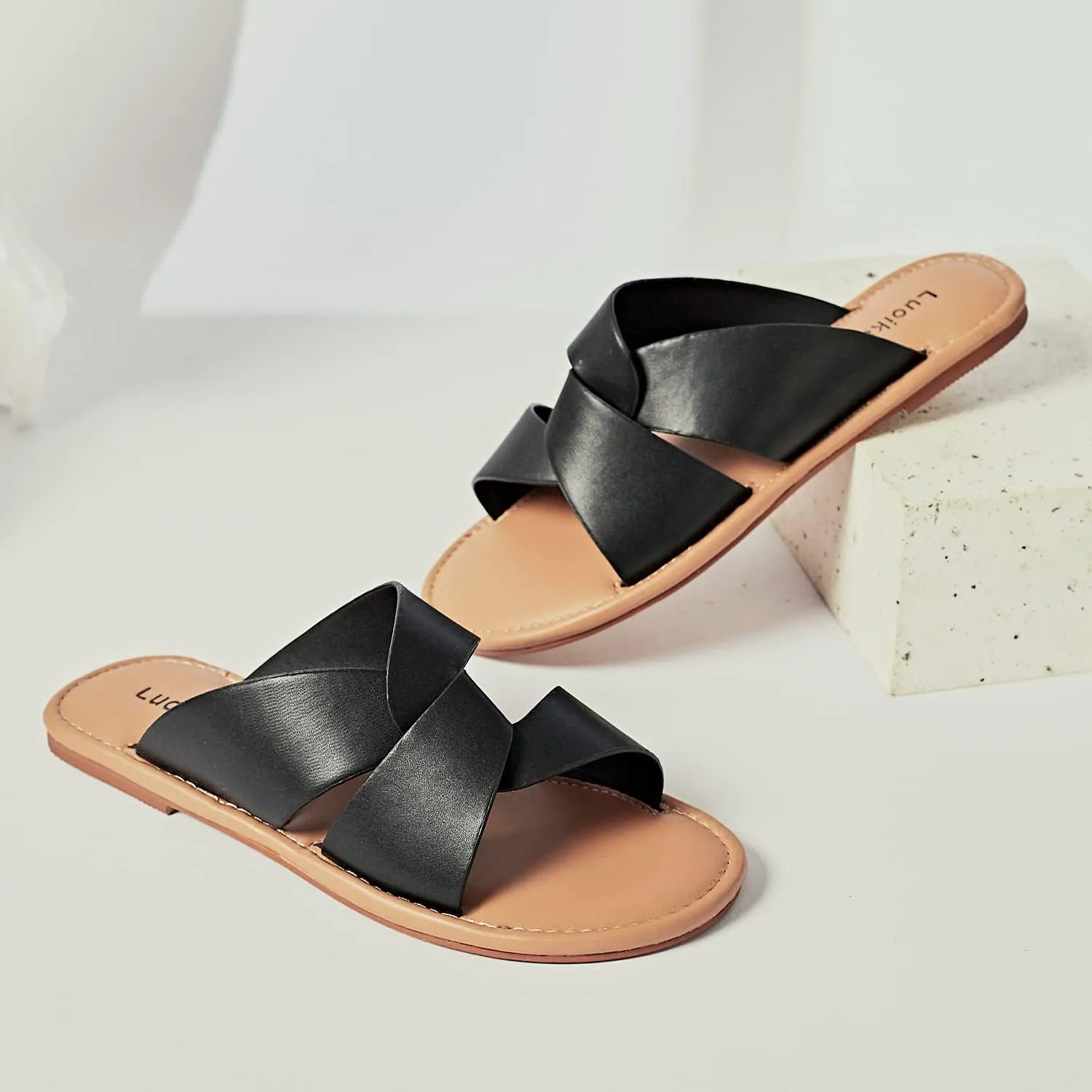 Luoika Women's Wide Width Flat Slides Sandals, Strapy Slide Sandal Slip on Dressy Summer Shoes for Women.