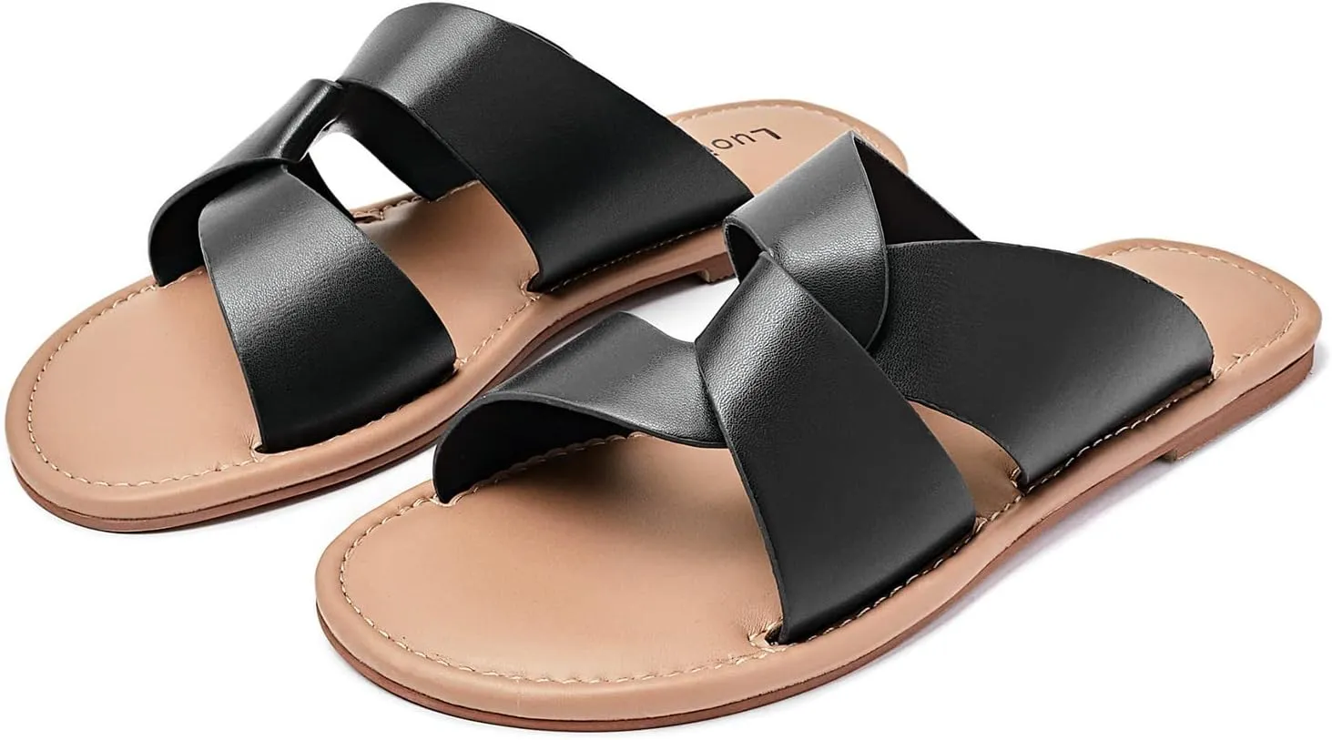 Luoika Women's Wide Width Flat Slides Sandals, Strapy Slide Sandal Slip on Dressy Summer Shoes for Women.