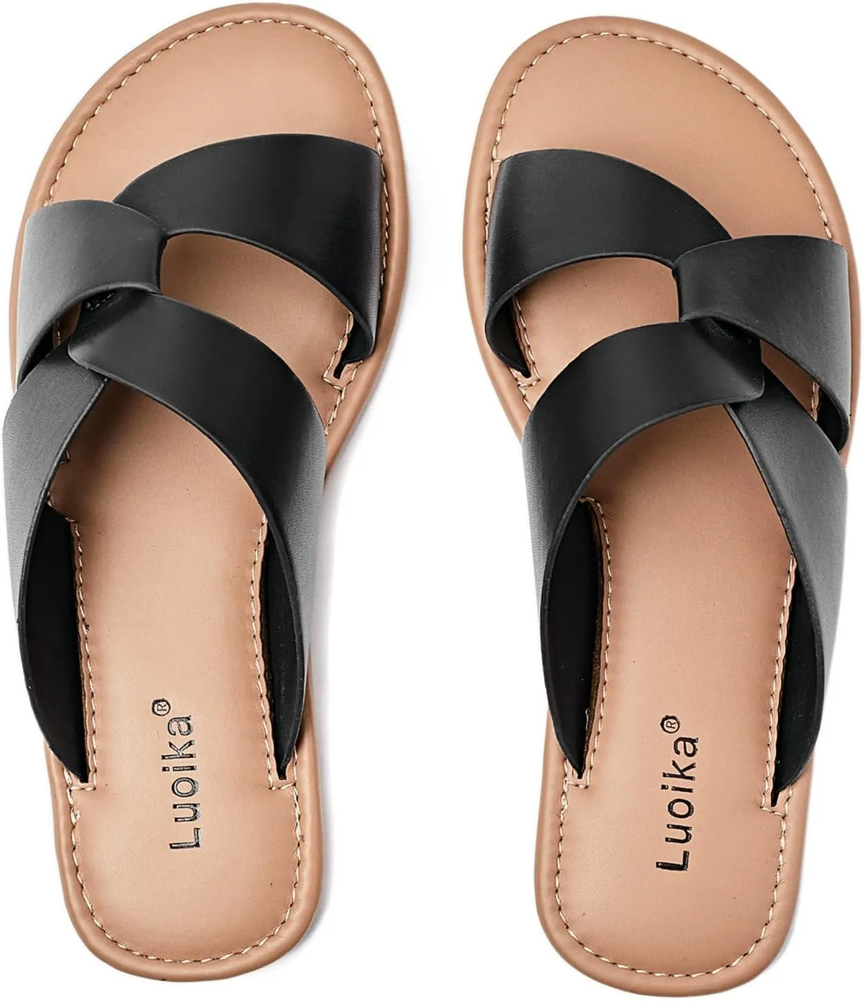 Luoika Women's Wide Width Flat Slides Sandals, Strapy Slide Sandal Slip on Dressy Summer Shoes for Women.