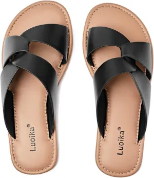 Luoika Women's Wide Width Flat Slides Sandals, Strapy Slide Sandal Slip on Dressy Summer Shoes for Women.