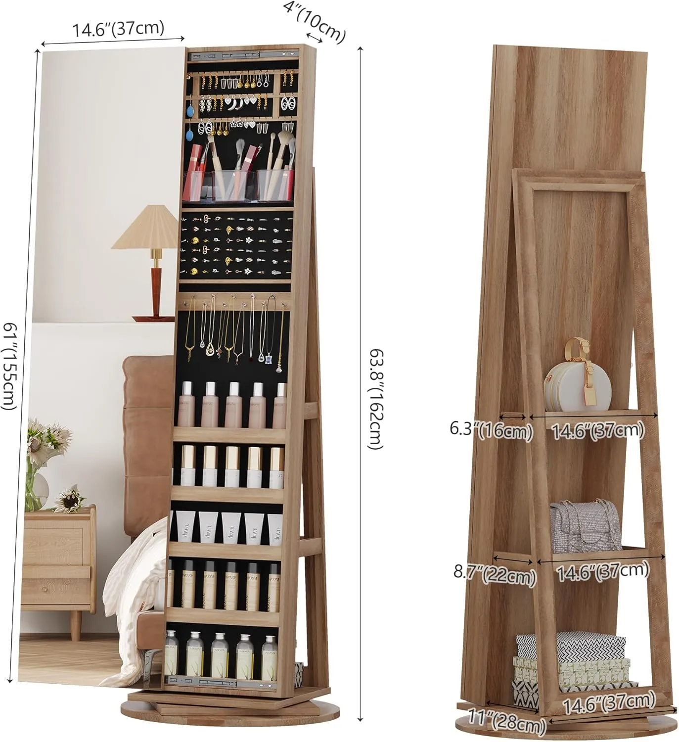LVSOMT 360° Swivel Jewelry Cabinet with Full Length Mirror, 63" Large Jewelry Armoire Organizer, Lockable Mirror with Jewelry Storage, Floor Standing Mirror, Rear Storage Shelves