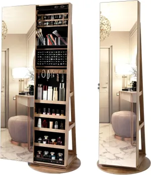 LVSOMT 360° Swivel Jewelry Cabinet with Full Length Mirror, 63" Large Jewelry Armoire Organizer, Lockable Mirror with Jewelry Storage, Floor Standing Mirror, Rear Storage Shelves