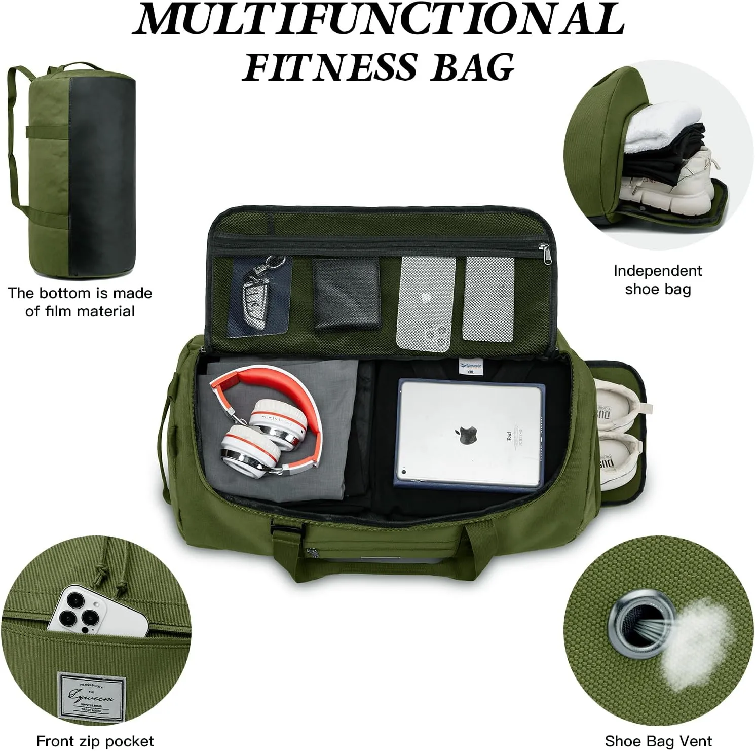 Lyweem 60L Duffle Bag for Men, Large Travel Duffel Bag for Women Lightweight Weekender Overnight Bag with Shoes Compartment Multifunctional Sports Gym Bags, Green