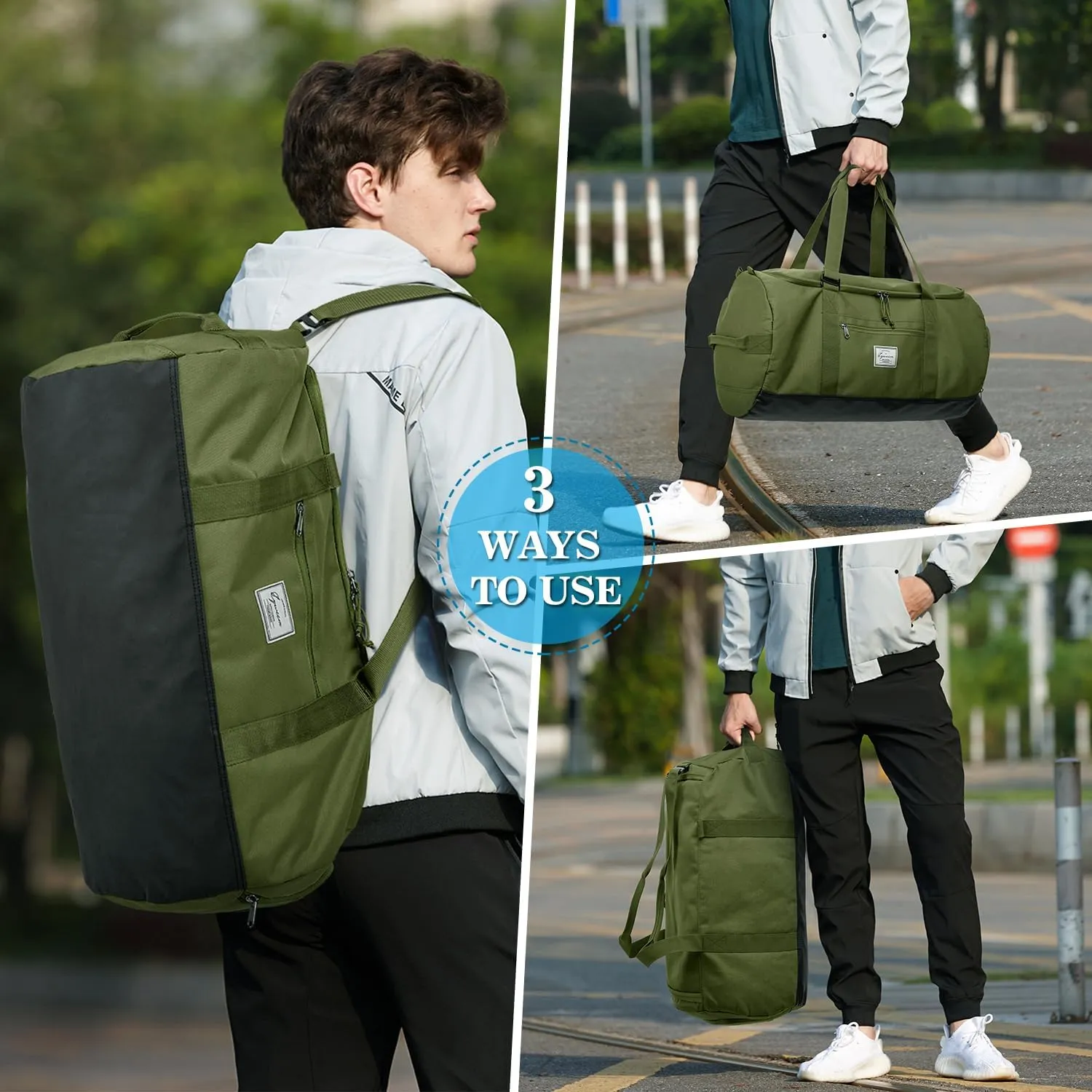 Lyweem 60L Duffle Bag for Men, Large Travel Duffel Bag for Women Lightweight Weekender Overnight Bag with Shoes Compartment Multifunctional Sports Gym Bags, Green