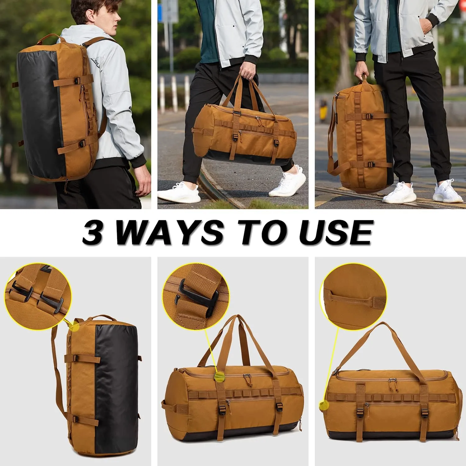 Lyweem 60L Duffle Bag for Men Travel Duffel Bag Large Size for Women Weekender Overnight with Shoes Compartment Multifunctional Gym Bags, Brown