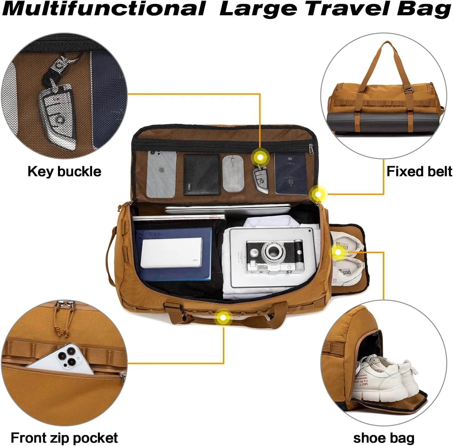 Lyweem 60L Duffle Bag for Men Travel Duffel Bag Large Size for Women Weekender Overnight with Shoes Compartment Multifunctional Gym Bags, Brown