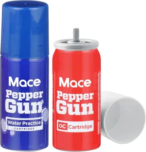 Mace Brand Pepper Spray & Water Trainer Cartridge Refill Set for Mace Pepper Gun 2.0, 0.99 oz/ea, Max Strength 10% OC Pepper Spray Formula, Long Lasting UV Dye