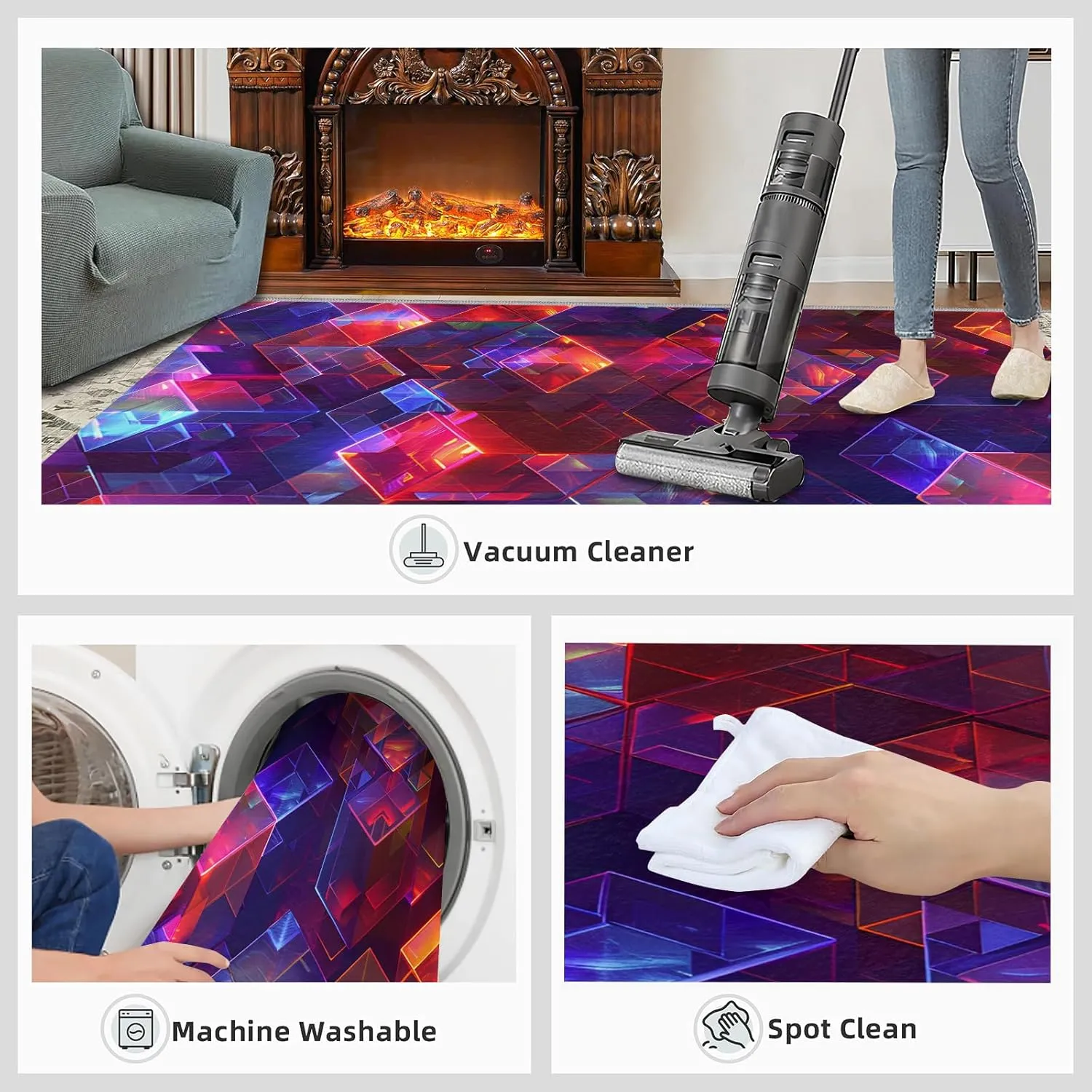 Magic Abstract Cube Rug 8x10 Large Rug 3D Neon Pattern Area Rugs for Living Room, Machine Washable Carpet, with Non-Slip Backing Indoor Rug for Boys and Girls Teen Playroom