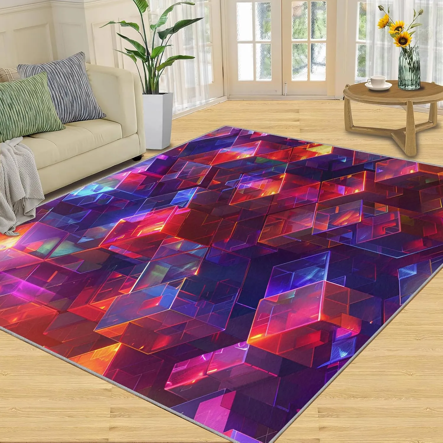 Magic Abstract Cube Rug 8x10 Large Rug 3D Neon Pattern Area Rugs for Living Room, Machine Washable Carpet, with Non-Slip Backing Indoor Rug for Boys and Girls Teen Playroom