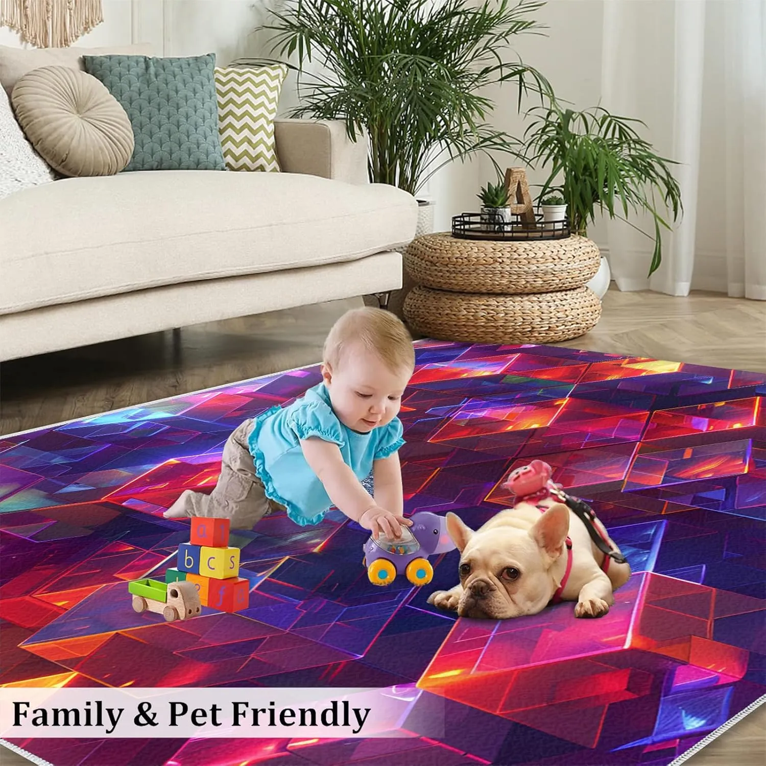 Magic Abstract Cube Rug 8x10 Large Rug 3D Neon Pattern Area Rugs for Living Room, Machine Washable Carpet, with Non-Slip Backing Indoor Rug for Boys and Girls Teen Playroom