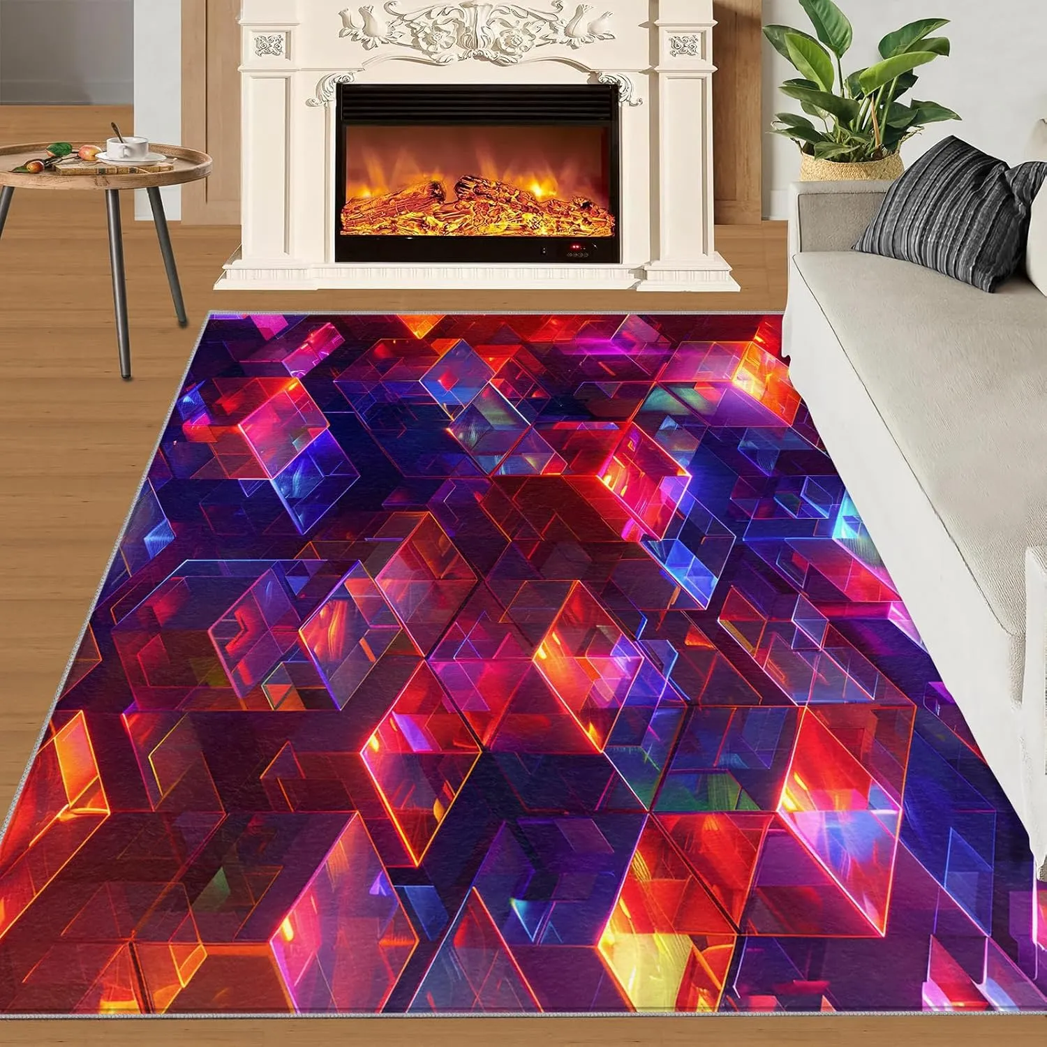 Magic Abstract Cube Rug 8x10 Large Rug 3D Neon Pattern Area Rugs for Living Room, Machine Washable Carpet, with Non-Slip Backing Indoor Rug for Boys and Girls Teen Playroom