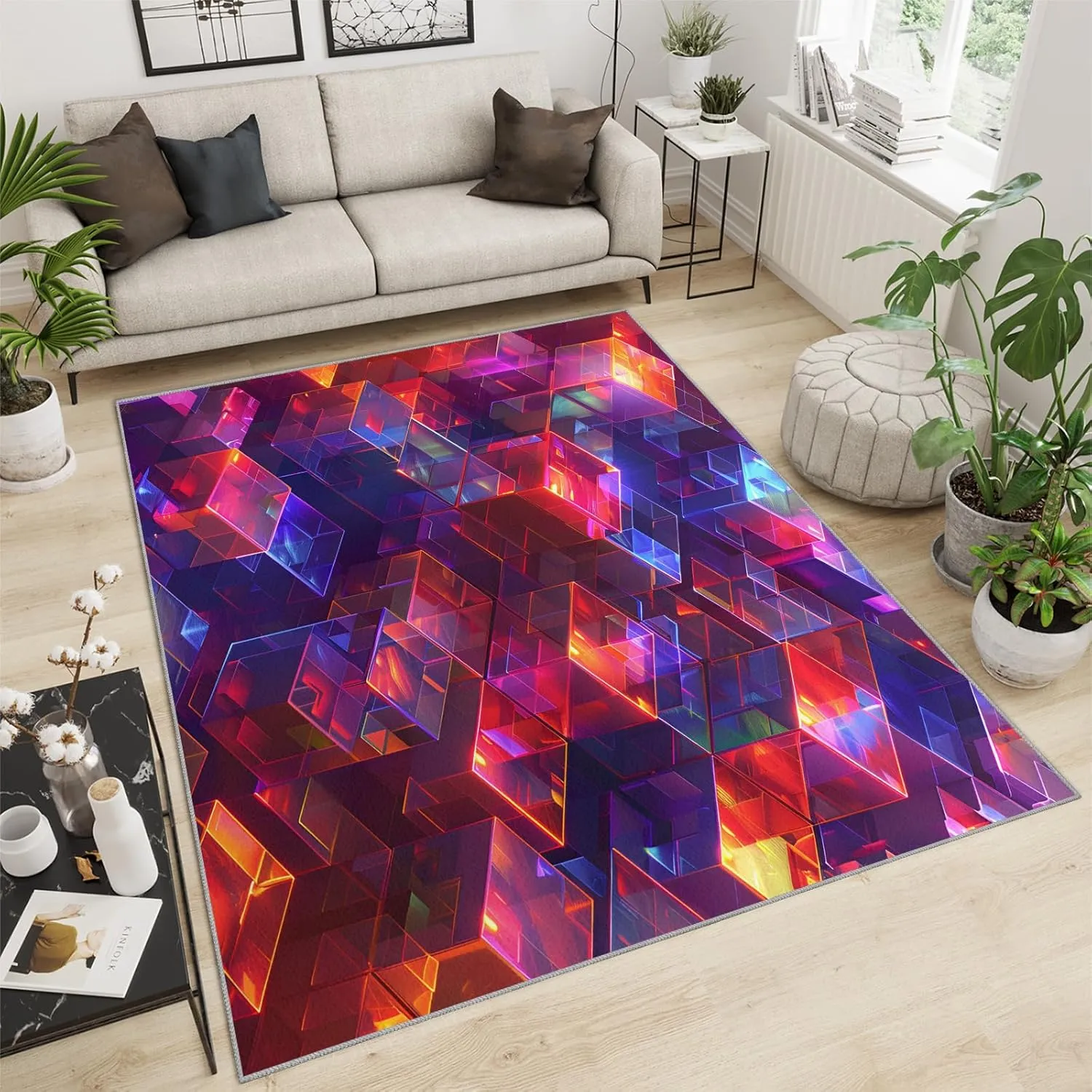Magic Abstract Cube Rug 8x10 Large Rug 3D Neon Pattern Area Rugs for Living Room, Machine Washable Carpet, with Non-Slip Backing Indoor Rug for Boys and Girls Teen Playroom