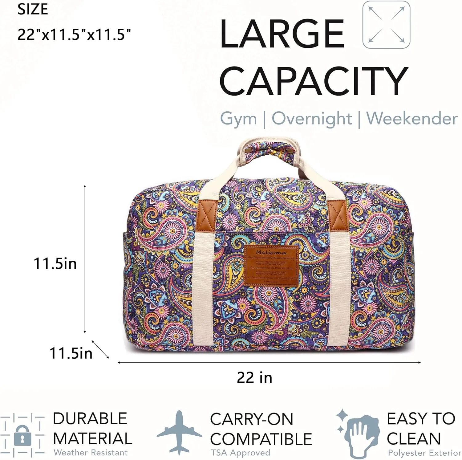 Malirona 22"Canvas Weekender Overnight Bags Travel Duffel Bag Carry On Bag for Women and Girls (Purple Flower)