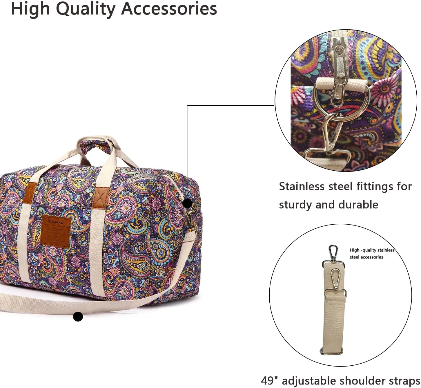 Malirona 22"Canvas Weekender Overnight Bags Travel Duffel Bag Carry On Bag for Women and Girls (Purple Flower)