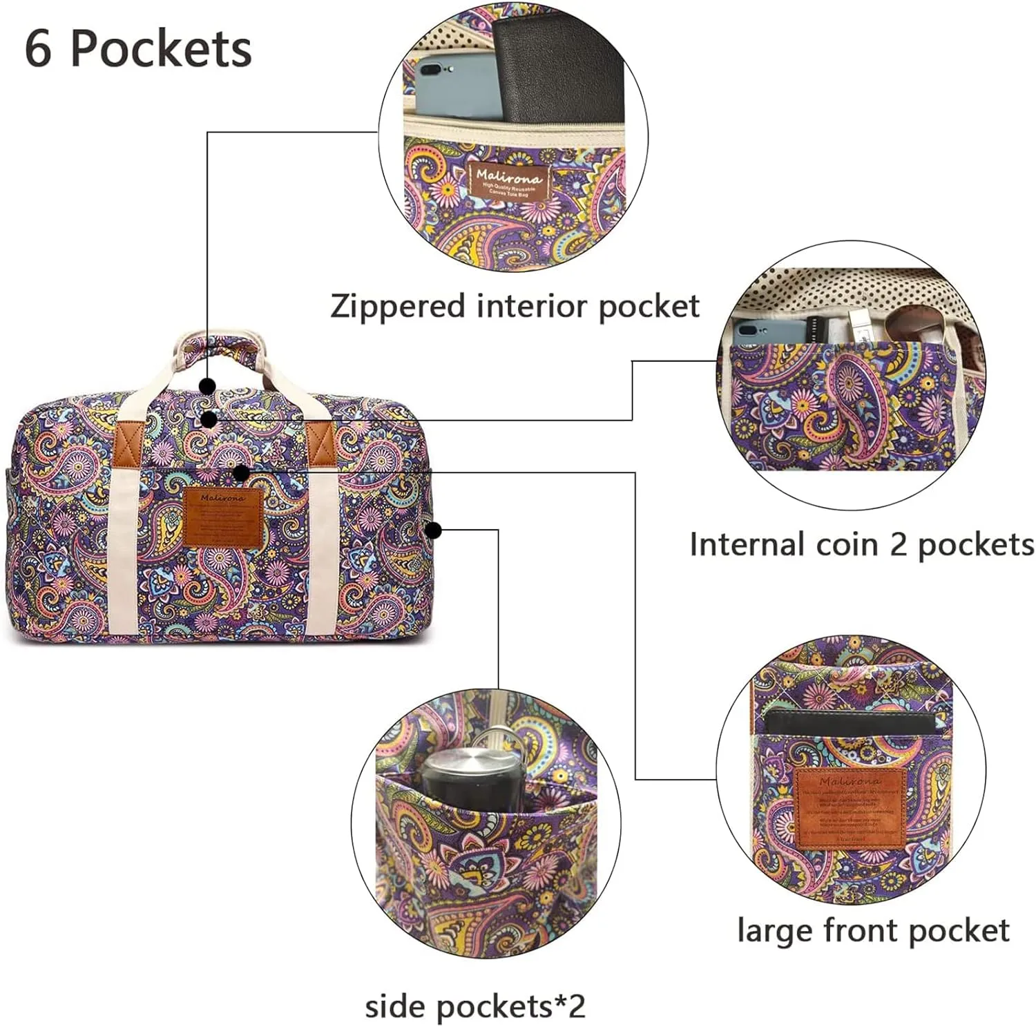 Malirona 22"Canvas Weekender Overnight Bags Travel Duffel Bag Carry On Bag for Women and Girls (Purple Flower)