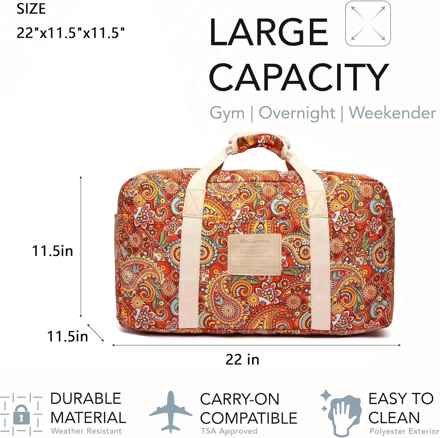Malirona 22"Canvas Weekender Overnight Bags Travel Duffel Bag Carry On Bag for Women and Girls (Red Flower)
