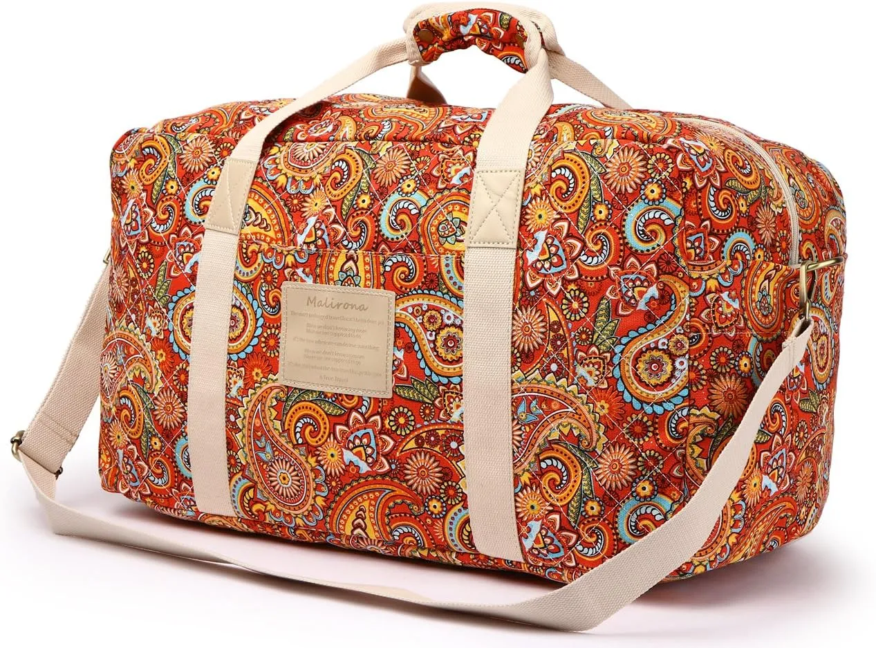 Malirona 22"Canvas Weekender Overnight Bags Travel Duffel Bag Carry On Bag for Women and Girls (Red Flower)