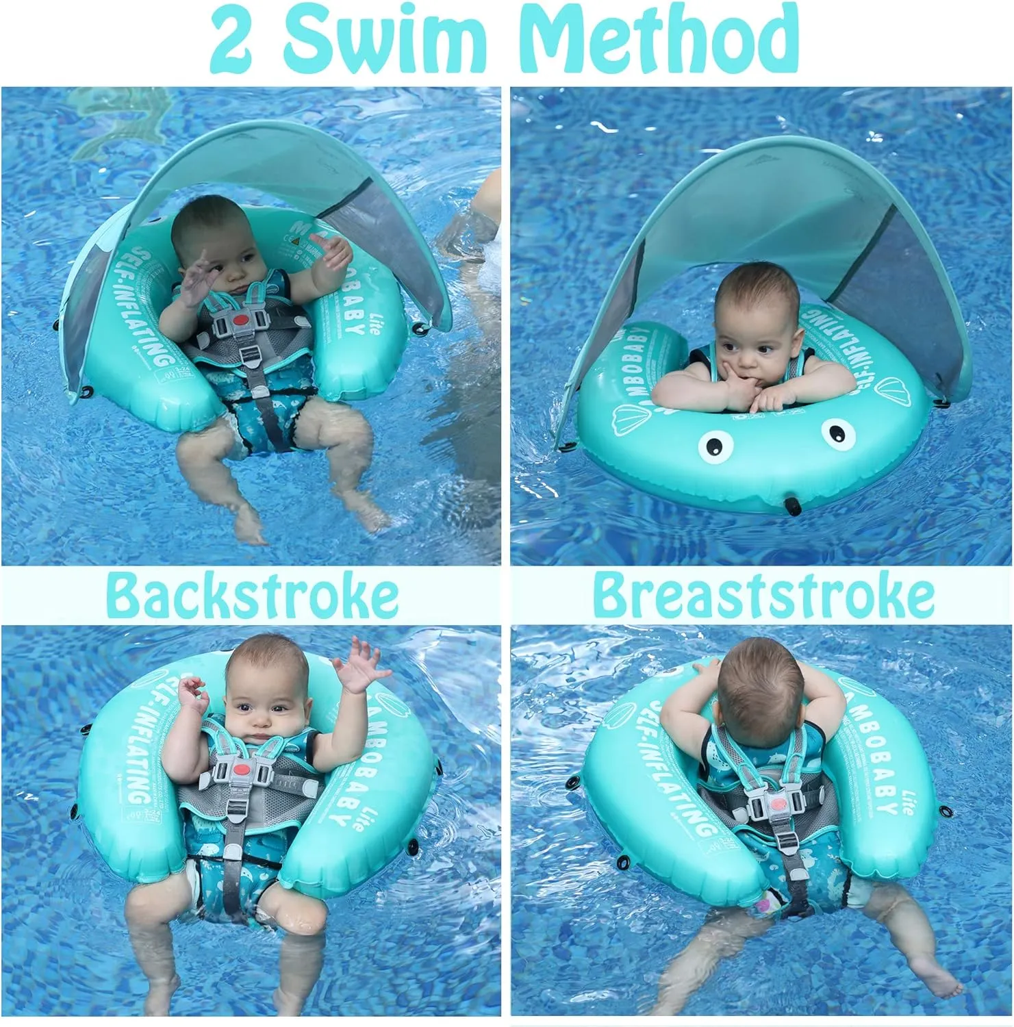 Mambobaby Float Self-Inflating Baby Pool Float with Canopy Compressible Pool Swim Float Infant Soft Solid Swimming Trainer with Removable UPF 50  UV Sun Protection Canopy, Pink